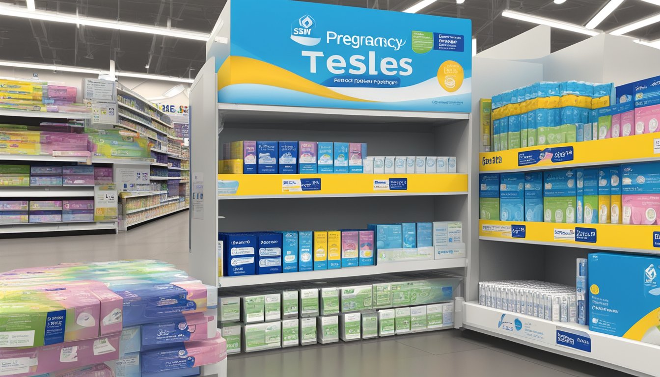 A display of pregnancy tests on a shelf at Sam's Club, with various brands and packaging options available