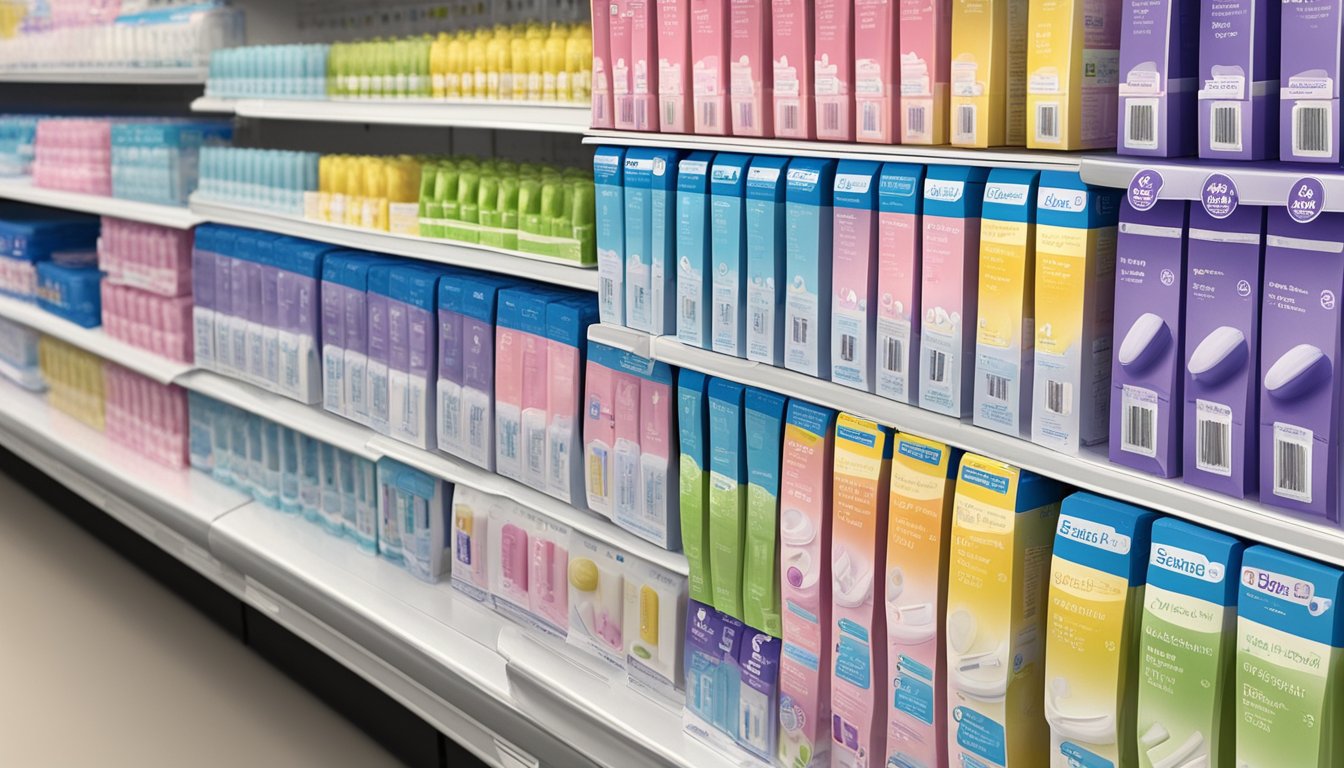 A variety of pregnancy tests displayed on a shelf at a Sam's Club store