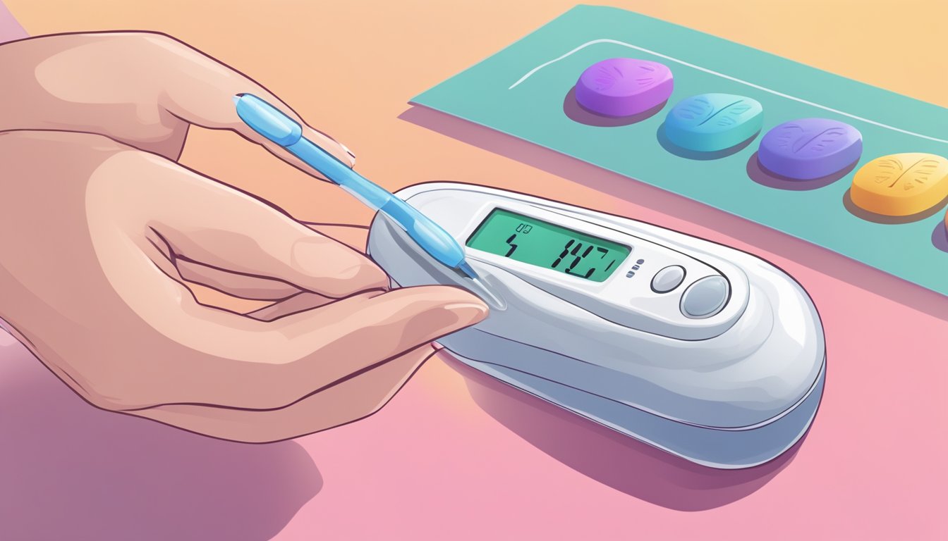 A hand holding a pregnancy test, with a timer in the background