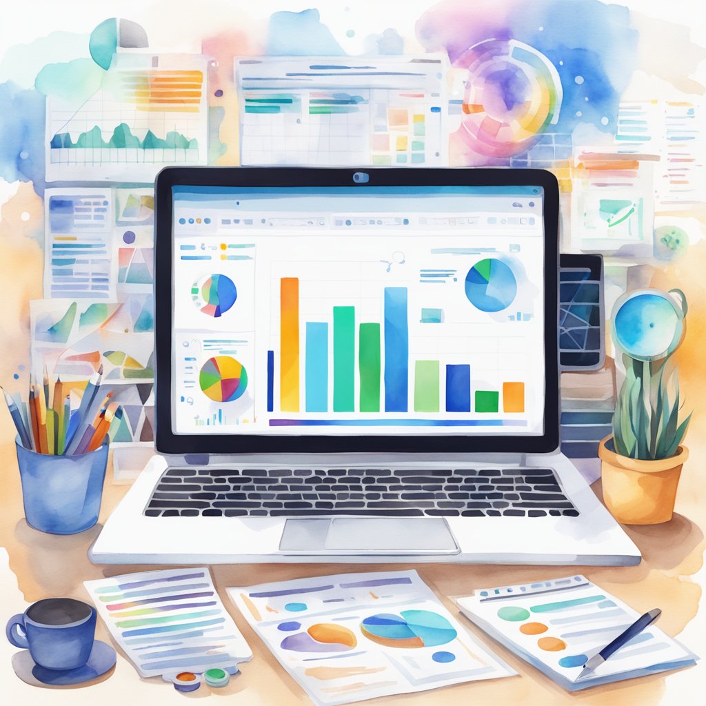 A laptop surrounded by various digital marketing tools and analytics charts, with a prominent focus on search engine optimization (SEO) data