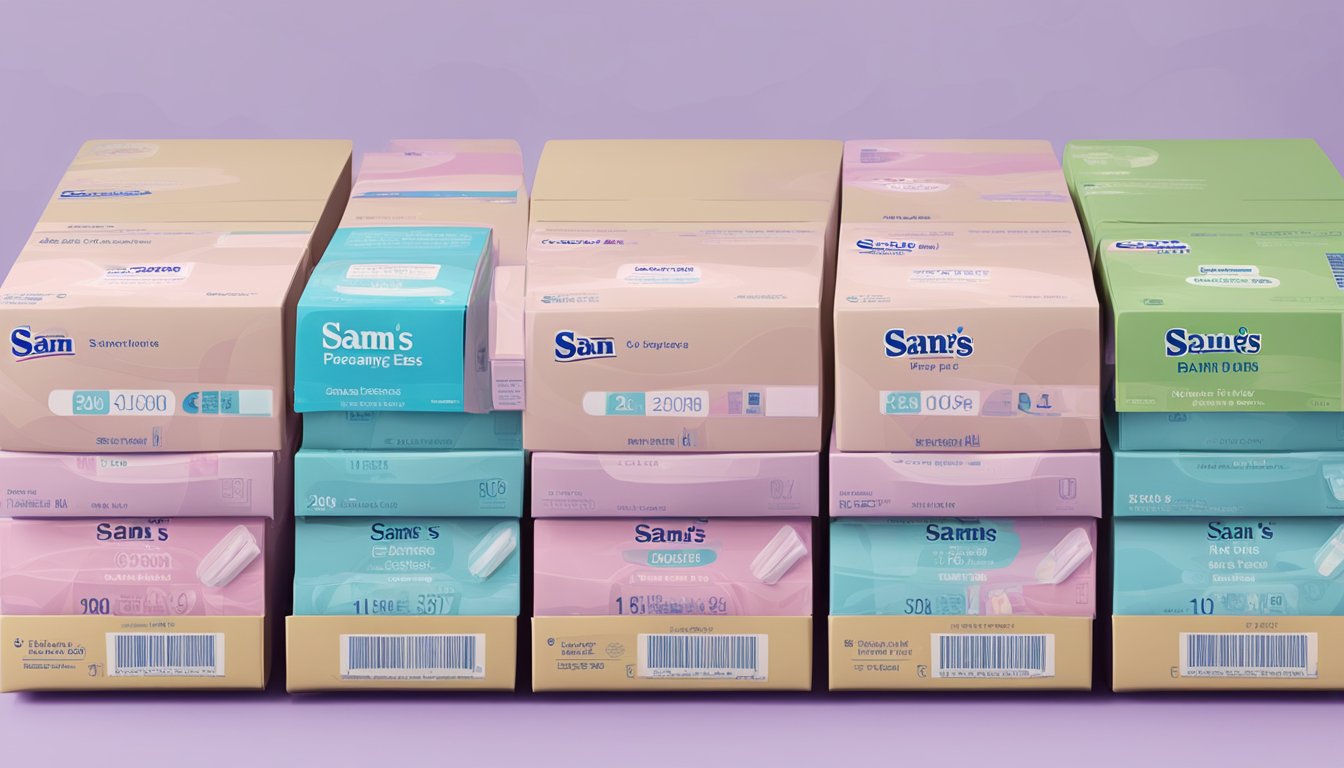 A stack of pregnancy test boxes with visible expiration dates at a Sam's Club store