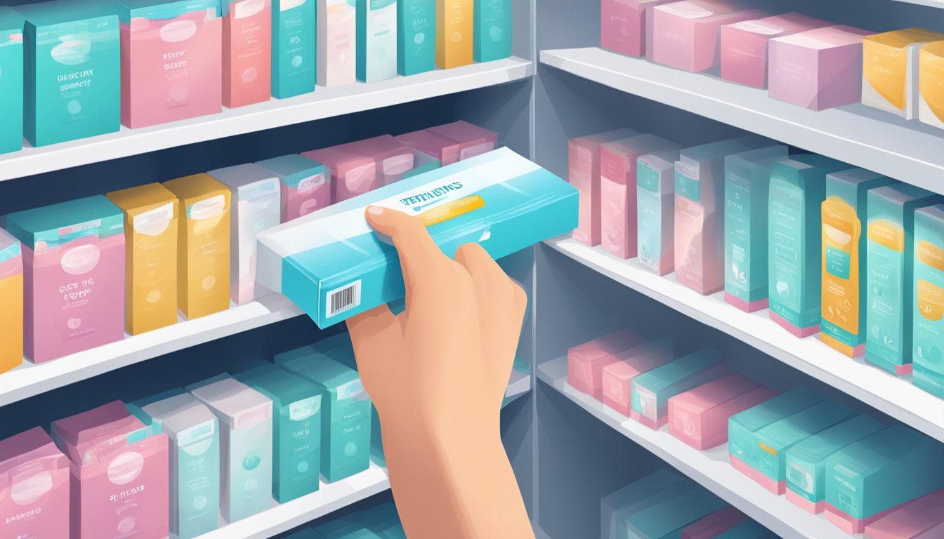 A hand reaches for a box of pregnancy tests on a shelf in a store