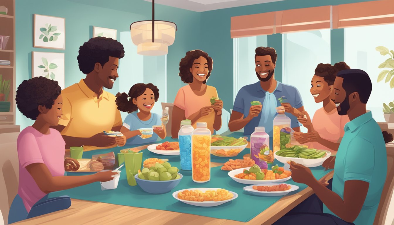 A joyful family gathering around a table with healthy snacks and a sams club pregnancy test on the side