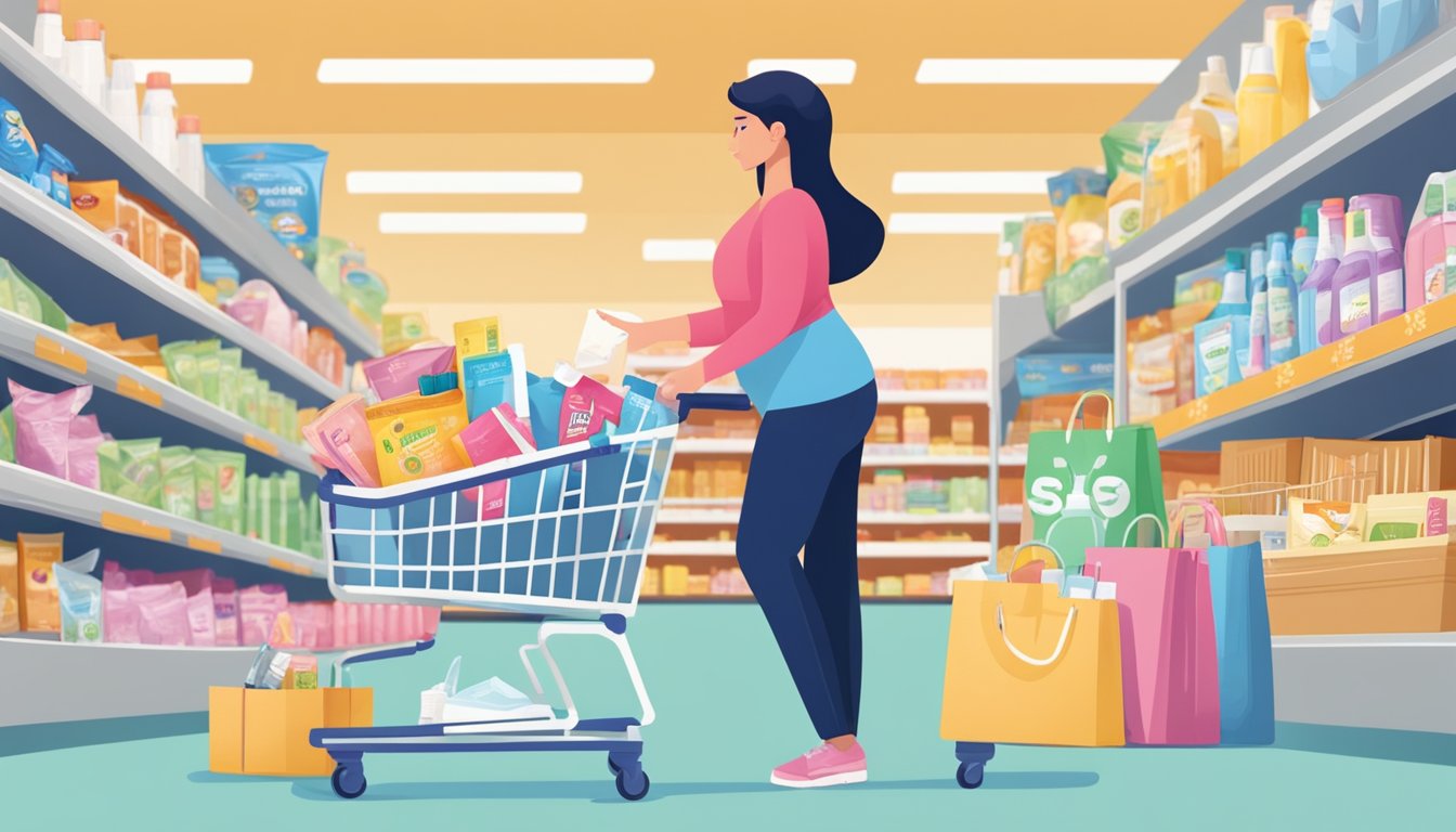 A woman placing a pregnancy test from Sam's Club into her shopping cart, surrounded by various family-friendly products