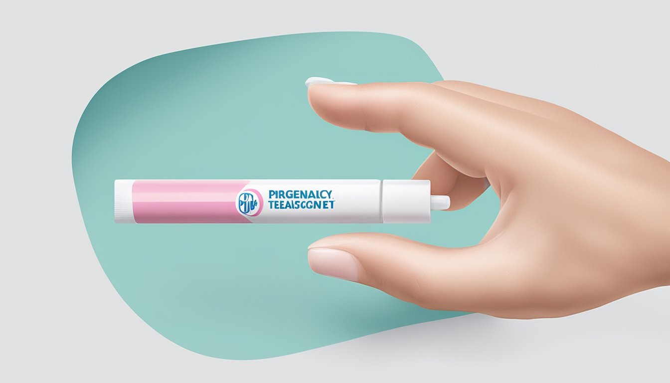 A hand holding a Piggly Wiggly pregnancy test over a clean, white surface