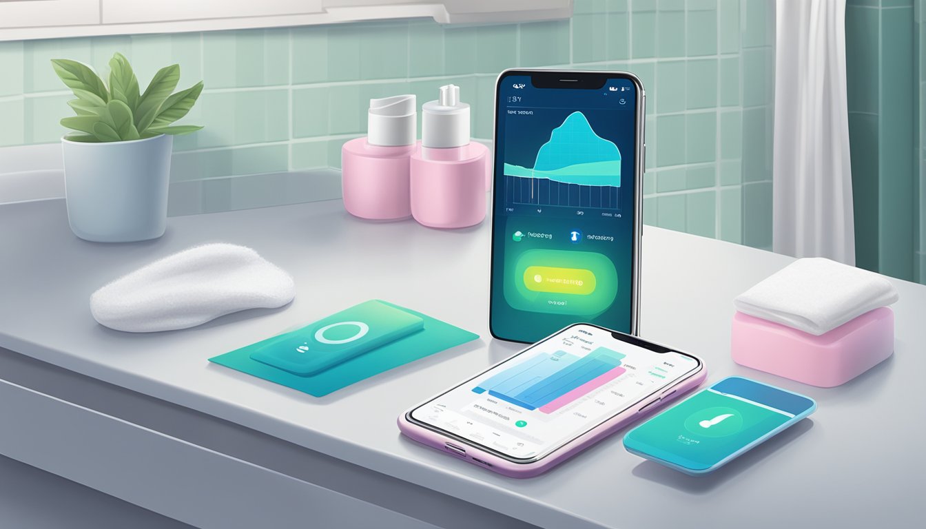 A digital pregnancy test sitting on a bathroom counter, next to a smartphone displaying a pregnancy tracking app