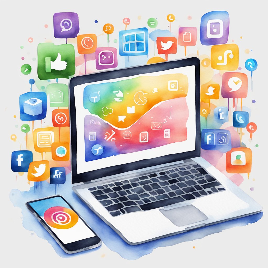 A laptop surrounded by various social media icons and symbols, with a graph showing an increase in website traffic