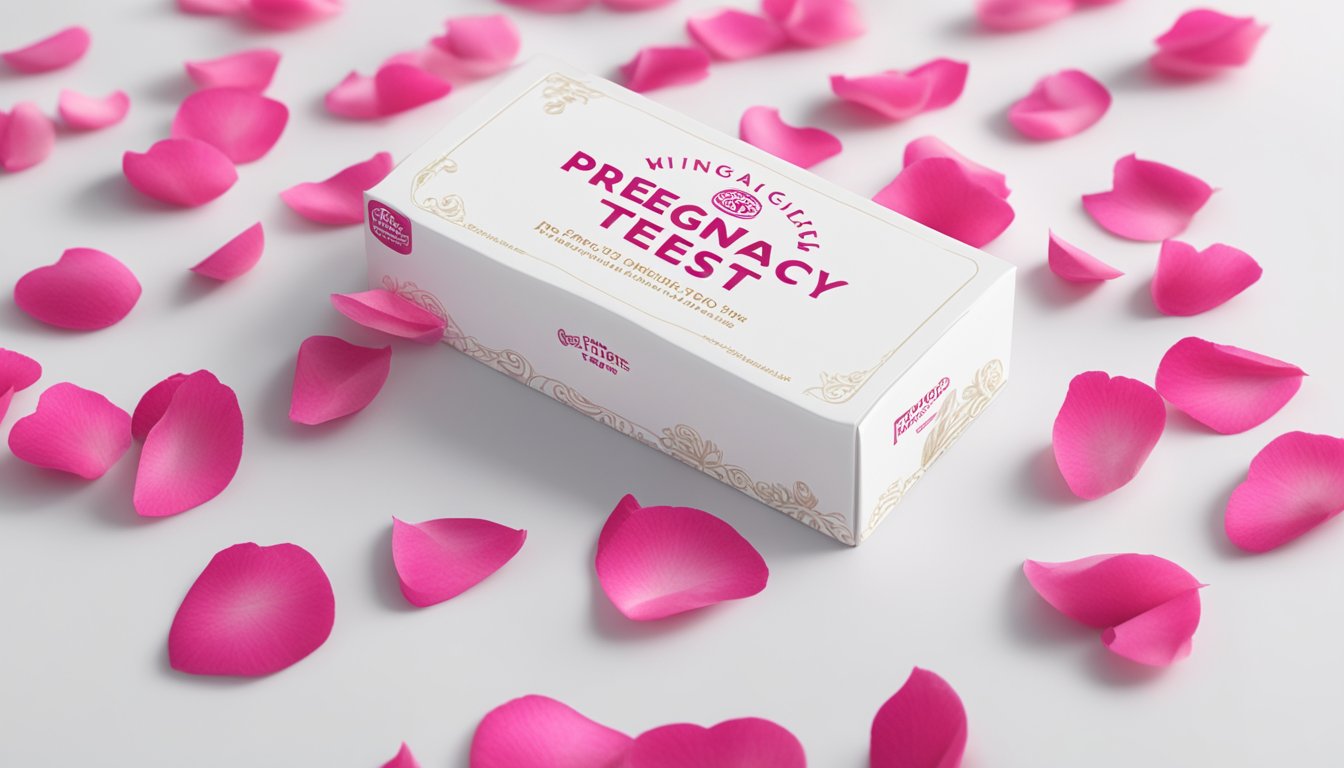 A piggly wiggly pregnancy test box surrounded by scattered rose petals on a clean, white countertop