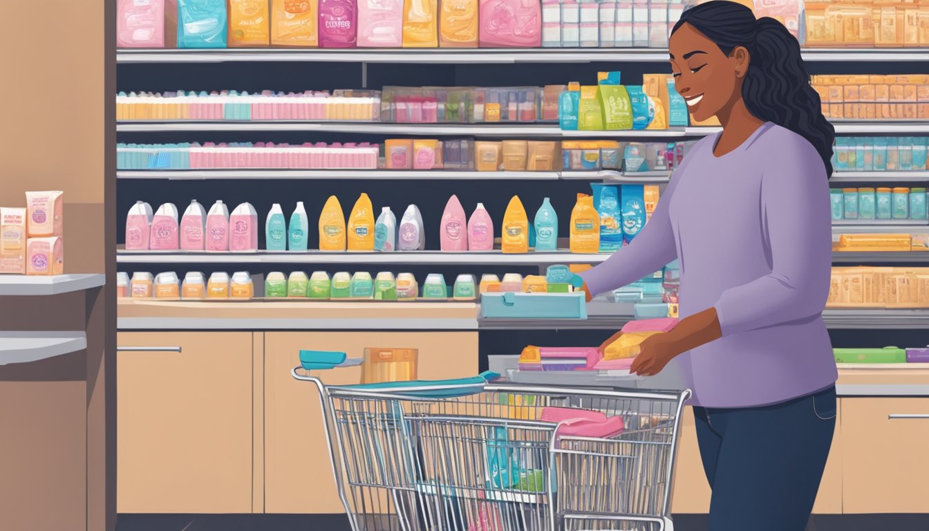 A person placing a box of pregnancy tests into a shopping cart at a Piggly Wiggly store