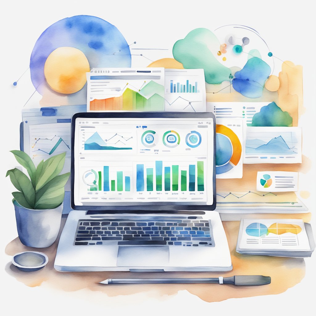 A laptop surrounded by various digital marketing tools and analytics charts, with a focus on keywords and content optimization for SEO posts