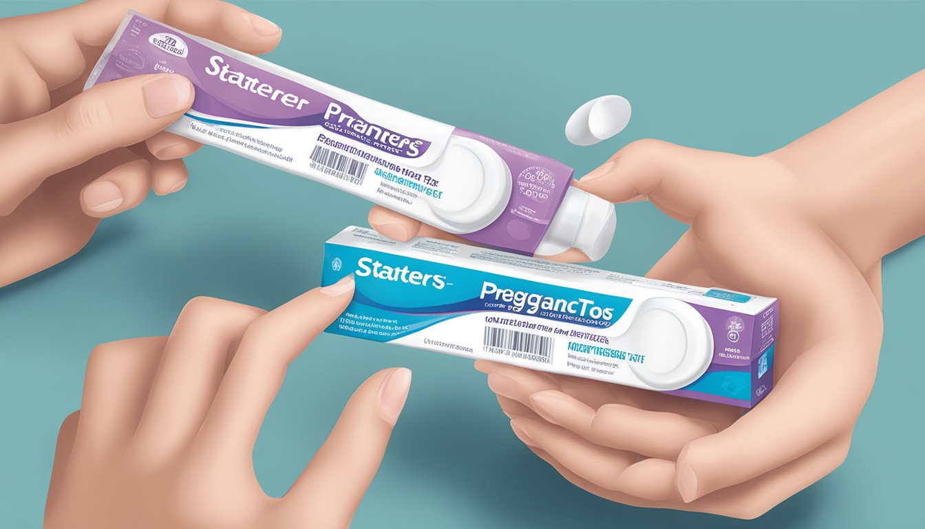 A hand holding a stater bros markets pregnancy test with packaging and instructions nearby