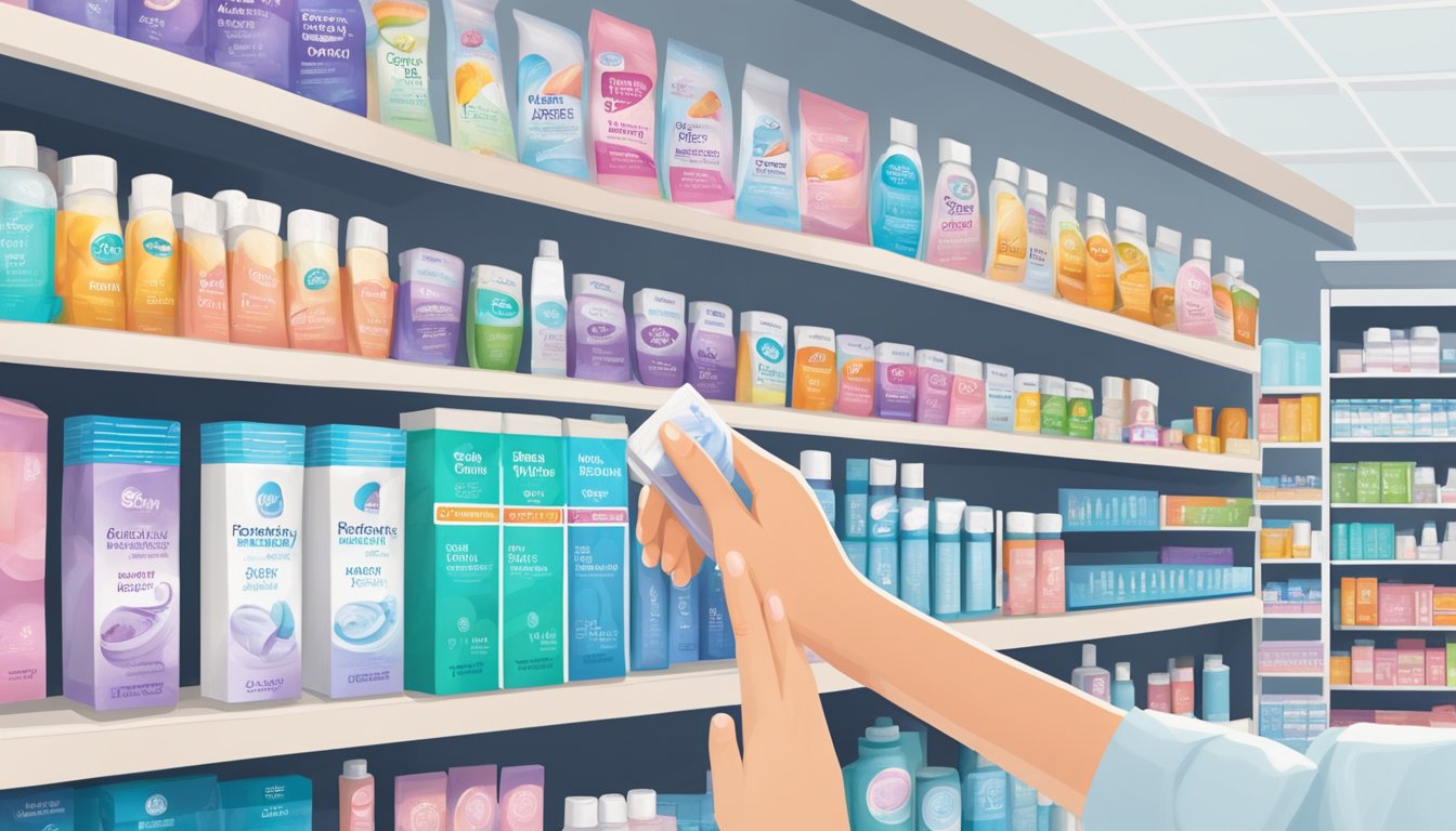 A hand reaches for a Stater Bros Markets pregnancy test on a pharmacy shelf, surrounded by other health and wellness products