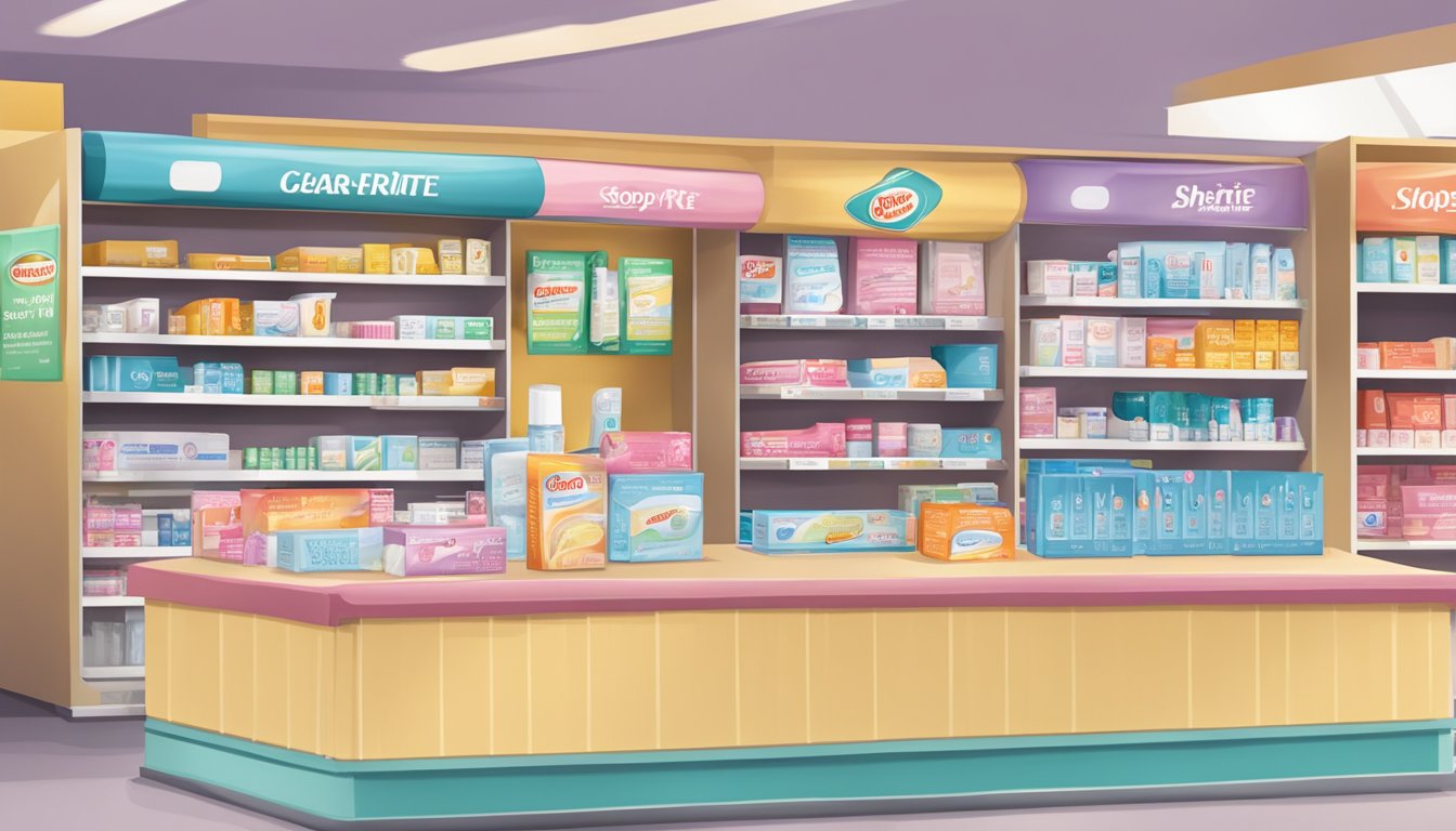 A shop counter with a box of Shoprite pregnancy tests, alongside other health and personal care items