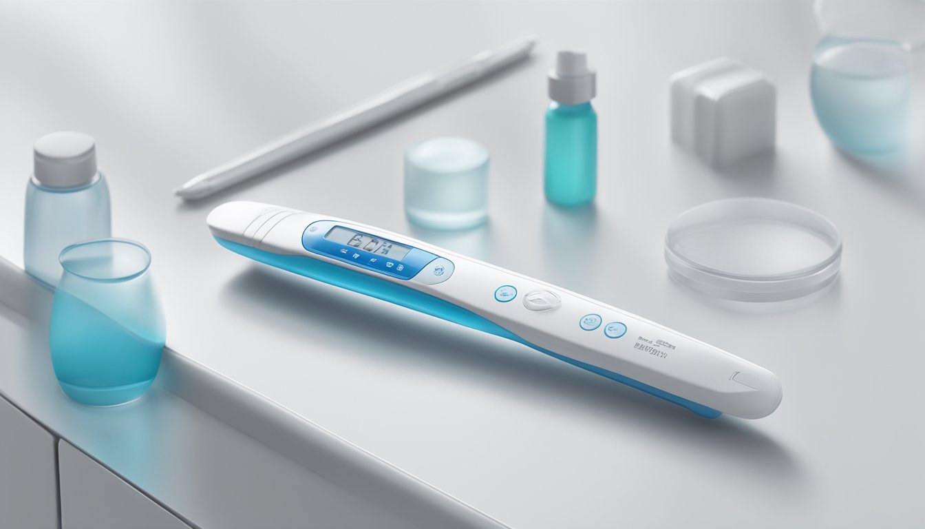 A shoprite pregnancy test sitting on a clean, white countertop with a clear, blue result window