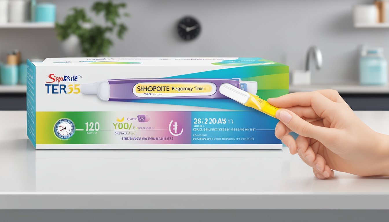 A hand holding a shoprite pregnancy test box on a clean, white countertop with a clock in the background showing the current time