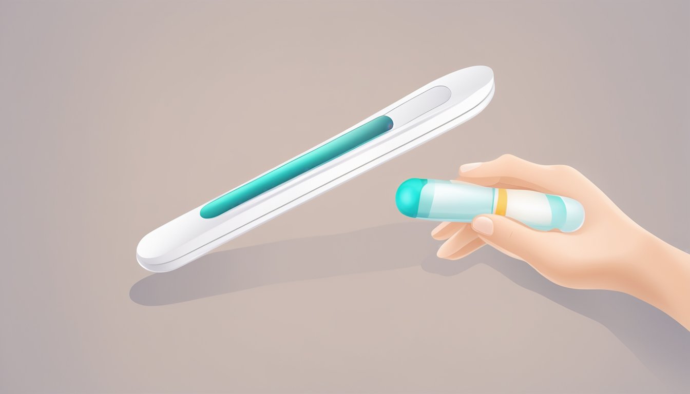 A hand holding a pregnancy test with a clear result displayed, surrounded by a clean and neutral background