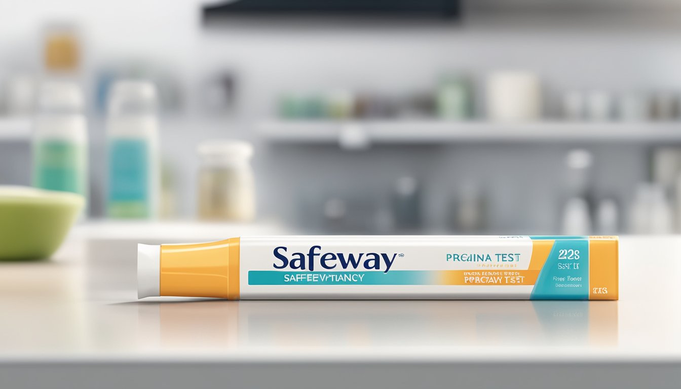 A Safeway pregnancy test sits on a clean, white countertop with a clear, plastic cap next to it. The test is surrounded by soft, natural light