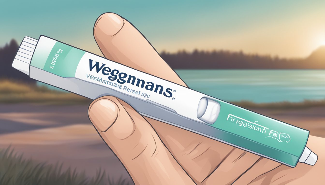 A hand holding a Wegmans pregnancy test with a clear result displayed, surrounded by a calm and peaceful setting