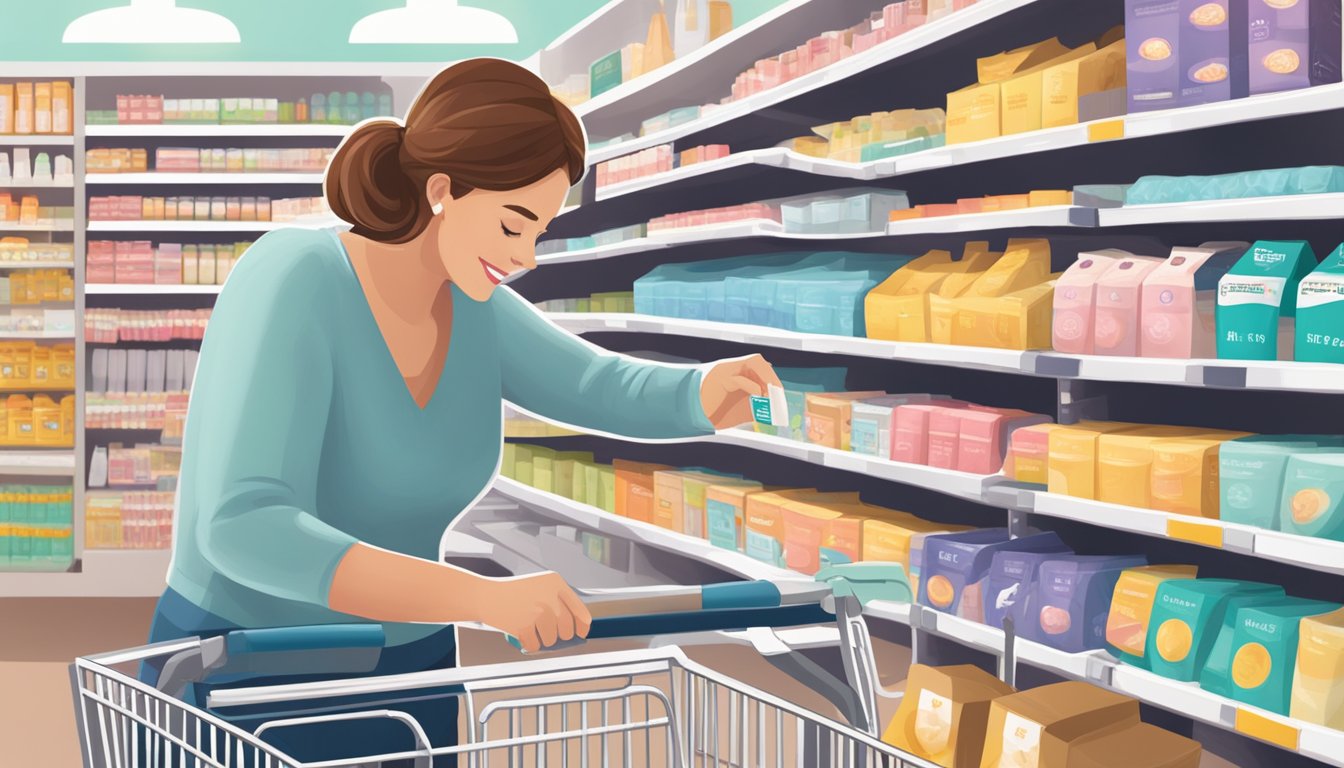 A woman placing a pregnancy test box into her shopping cart at Save Mart