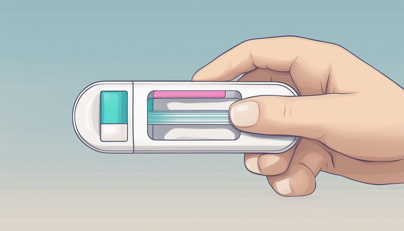 A hand holding a pregnancy test with two lines appearing in the result window, set against a clean, neutral background