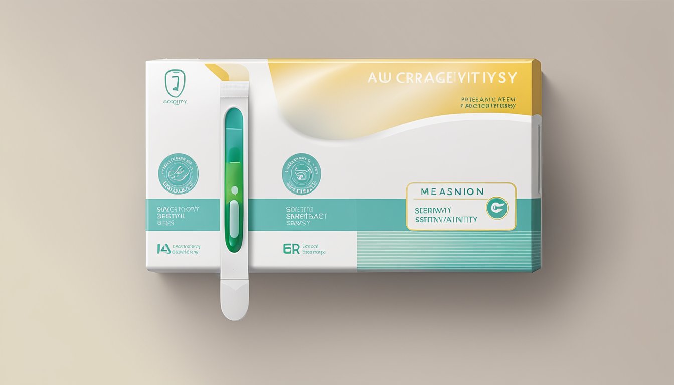 A hand holding a pregnancy test with "Accuracy and Sensitivity" written on the packaging, set against a clean, neutral background