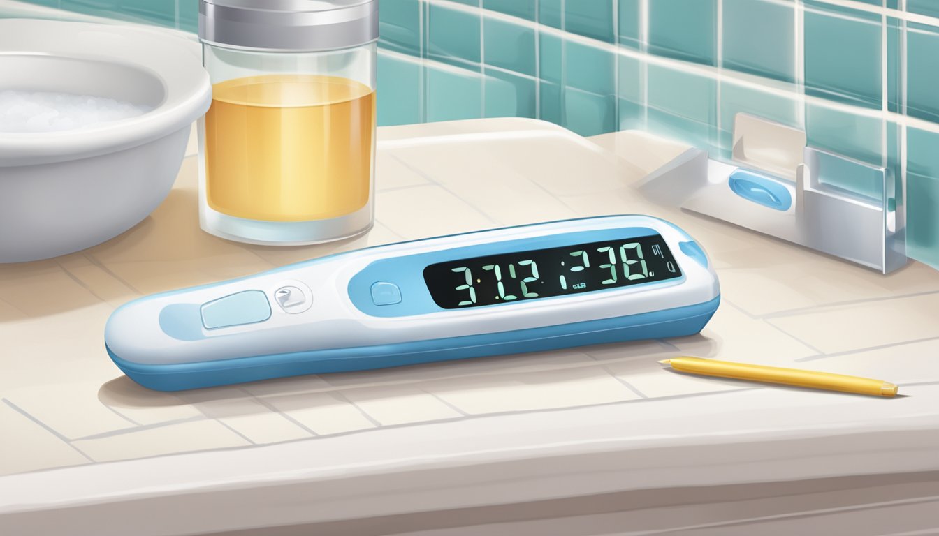 A pregnancy test sitting on a bathroom counter, with a timer counting down and a faint positive result showing