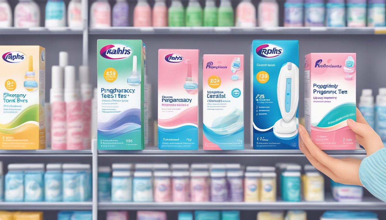 A hand holding a ralphs pregnancy test box with various other pregnancy test options on a pharmacy shelf