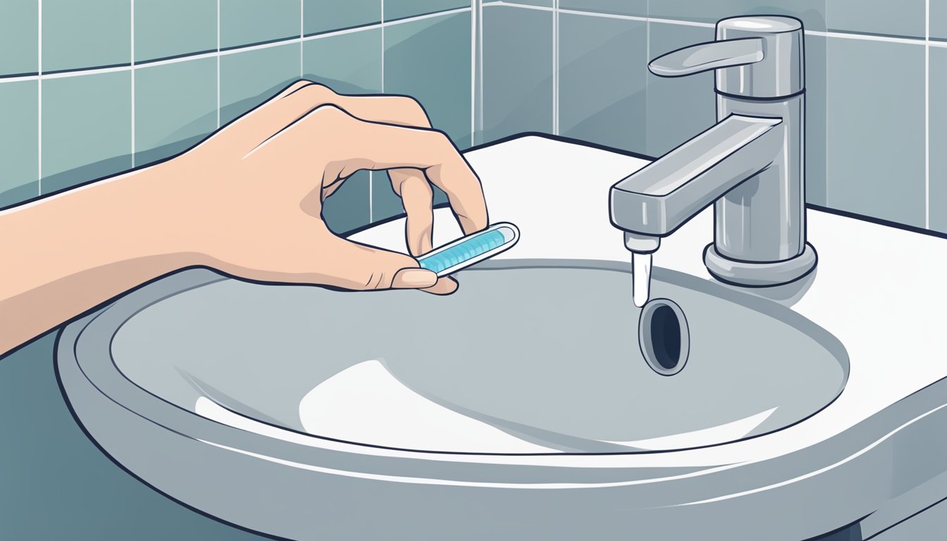 A hand holding a pregnancy test next to a bathroom sink with a faint positive result showing