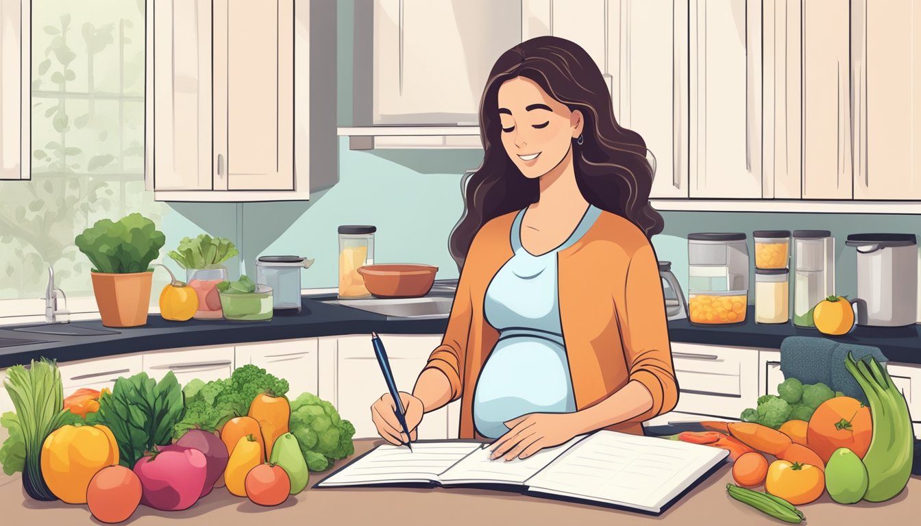 A pregnant woman standing in a kitchen, surrounded by fresh fruits, vegetables, and a variety of healthy ingredients, while writing a meal plan on a notepad