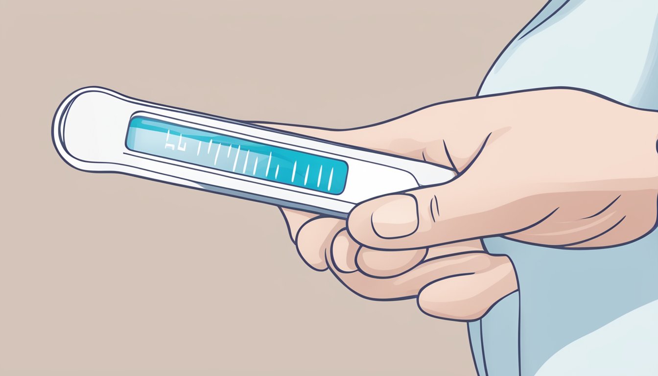 A hand holding a pregnancy test over a clean, white surface with clear, easy-to-read result window