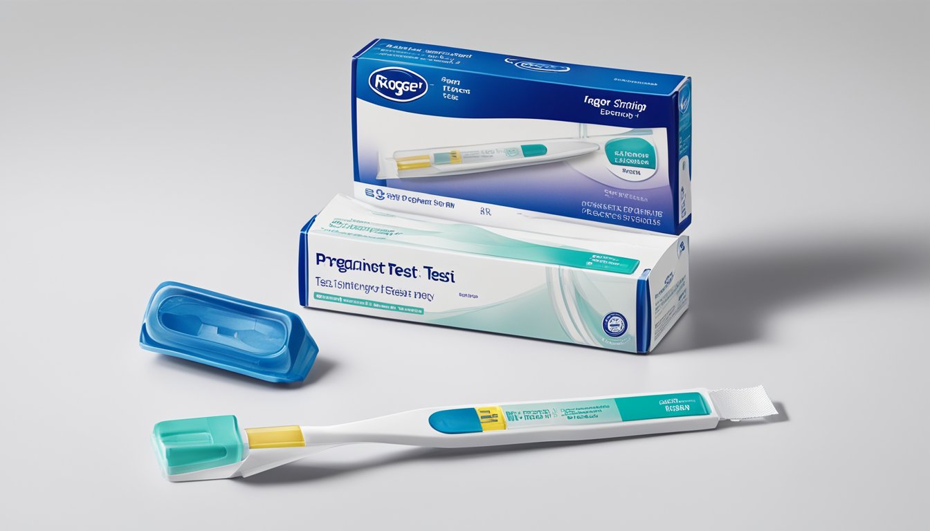 A close-up of a Kroger pregnancy test sitting on a clean, white surface, with the packaging and test strip clearly visible