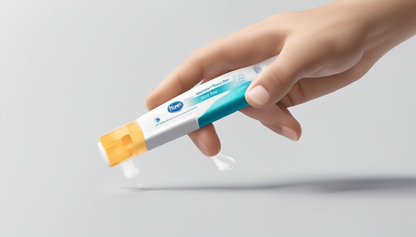 A hand holding a Kroger pregnancy test with a clear positive result, placed on a clean, white surface with a neutral background