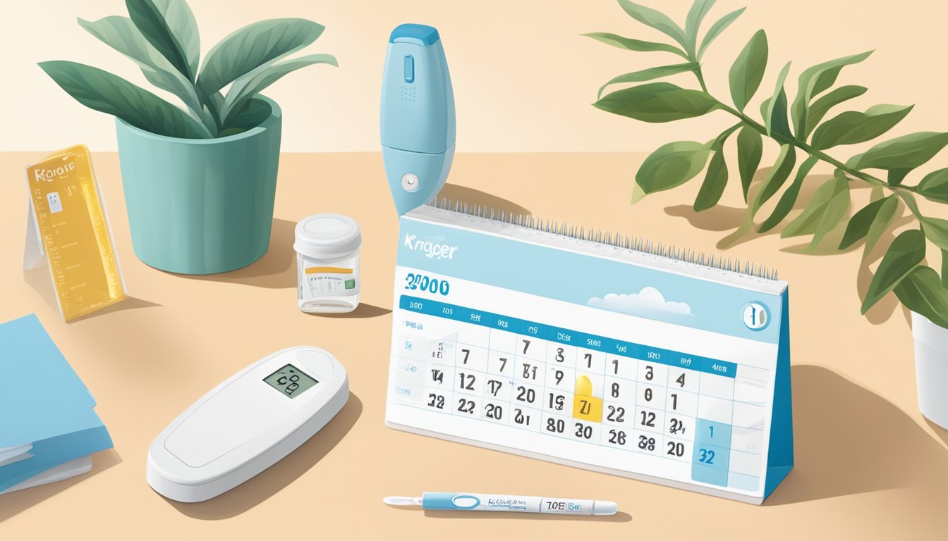 A sunny morning with a clear blue sky, a white countertop with a Kroger pregnancy test box, a clock showing the time at 10:00 am, and a calendar marking the date