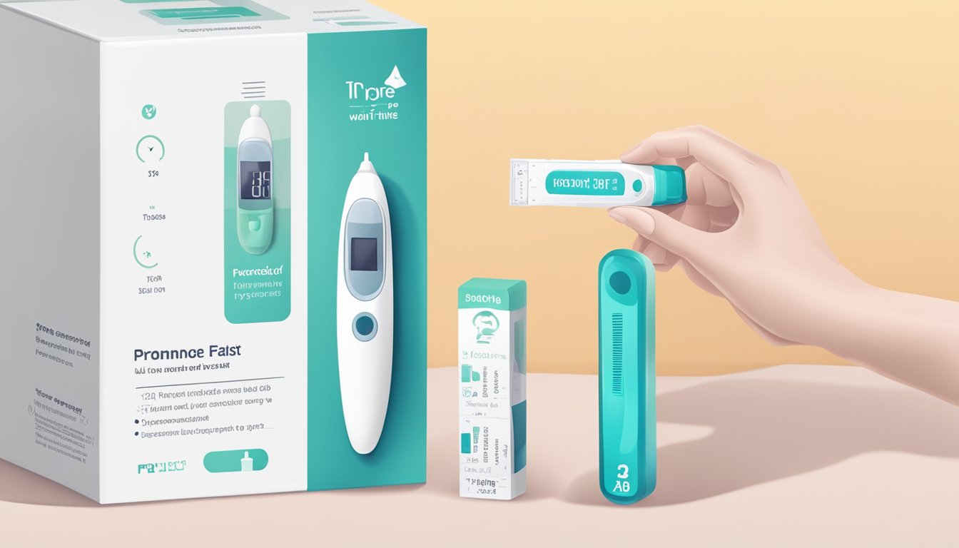 A hand holding a pregnancy test with a faint positive result next to the packaging and a timer set for the recommended wait time