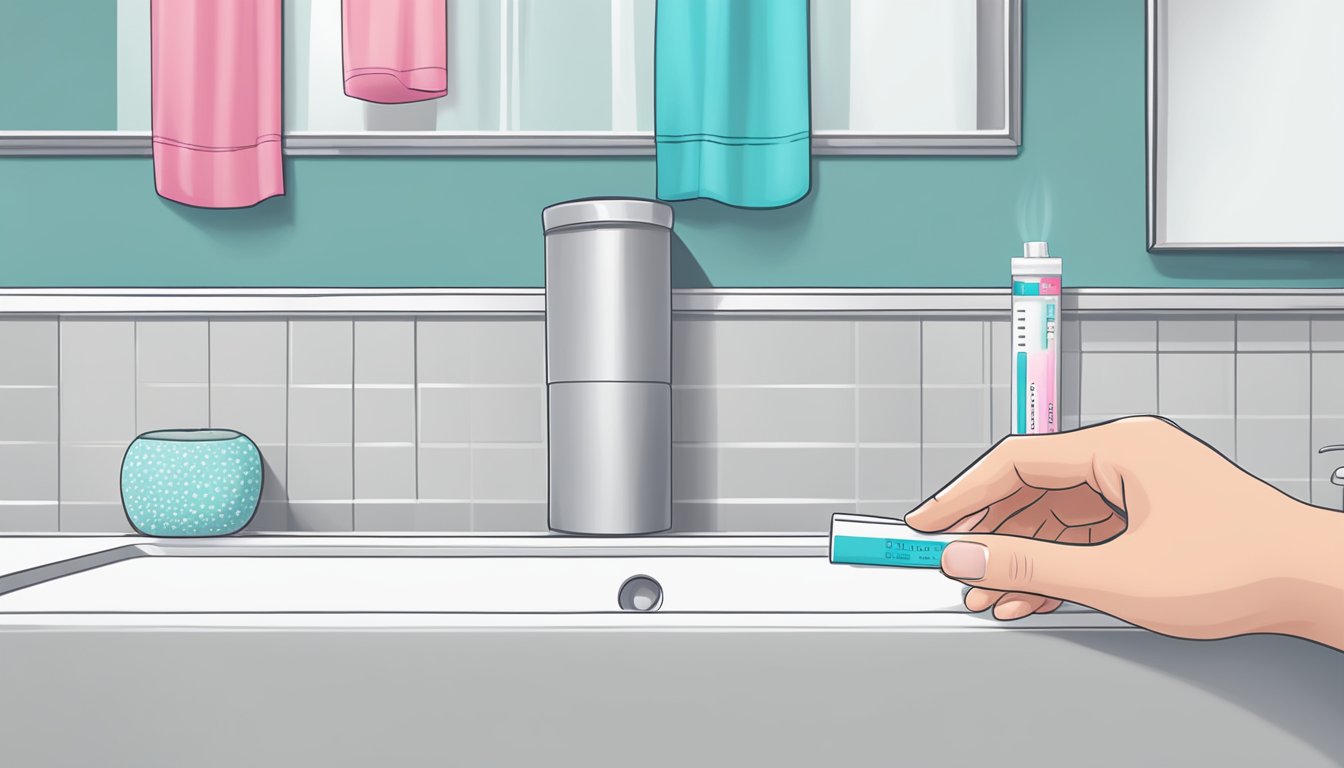 A hand holding a five below pregnancy test with a faint positive result on a bathroom counter