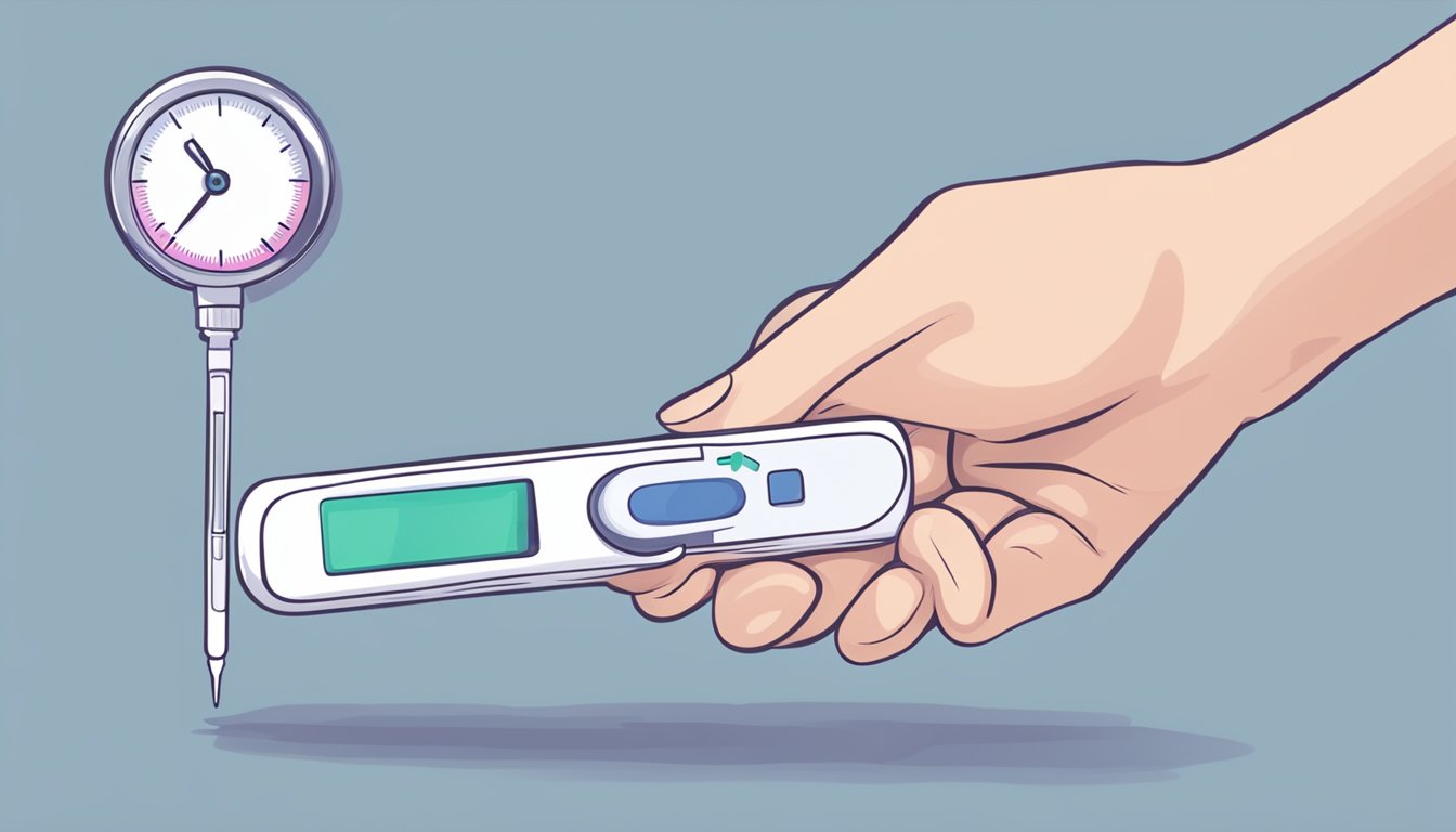 A hand holding a pregnancy test with a timer nearby