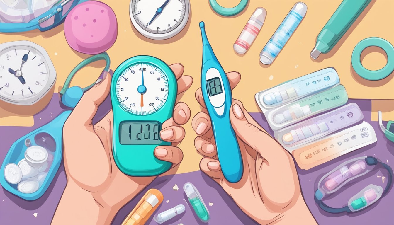 A hand holding a pregnancy test with a timer and various factors surrounding it such as stress, diet, and medication