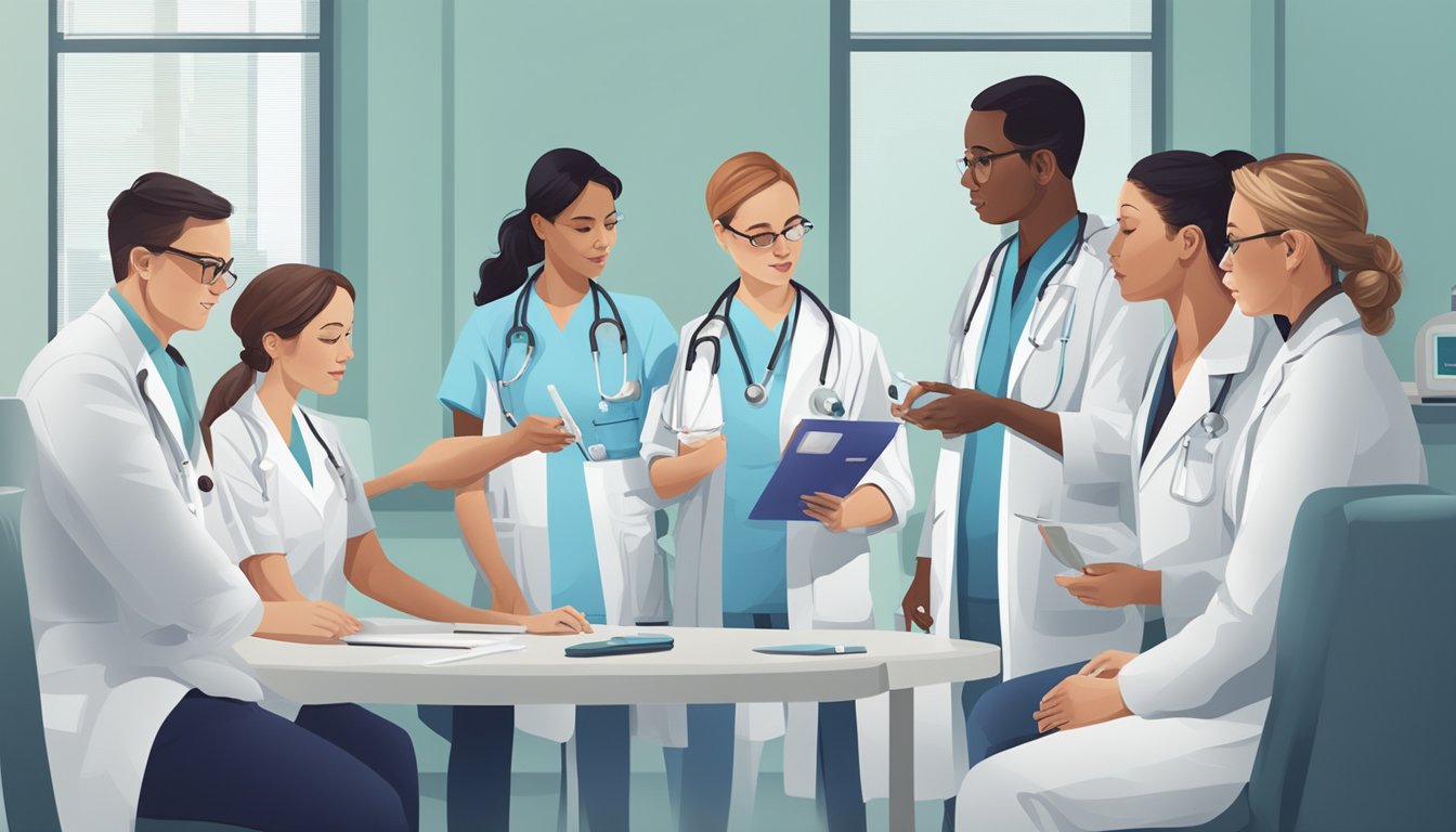 A group of healthcare professionals discussing a pregnancy test in a clinical setting