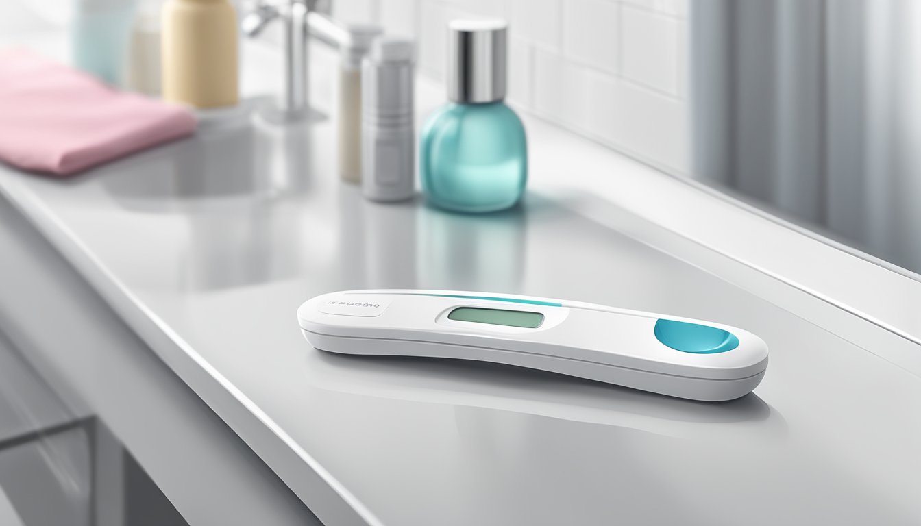 A pregnancy test sitting on a clean, white bathroom counter