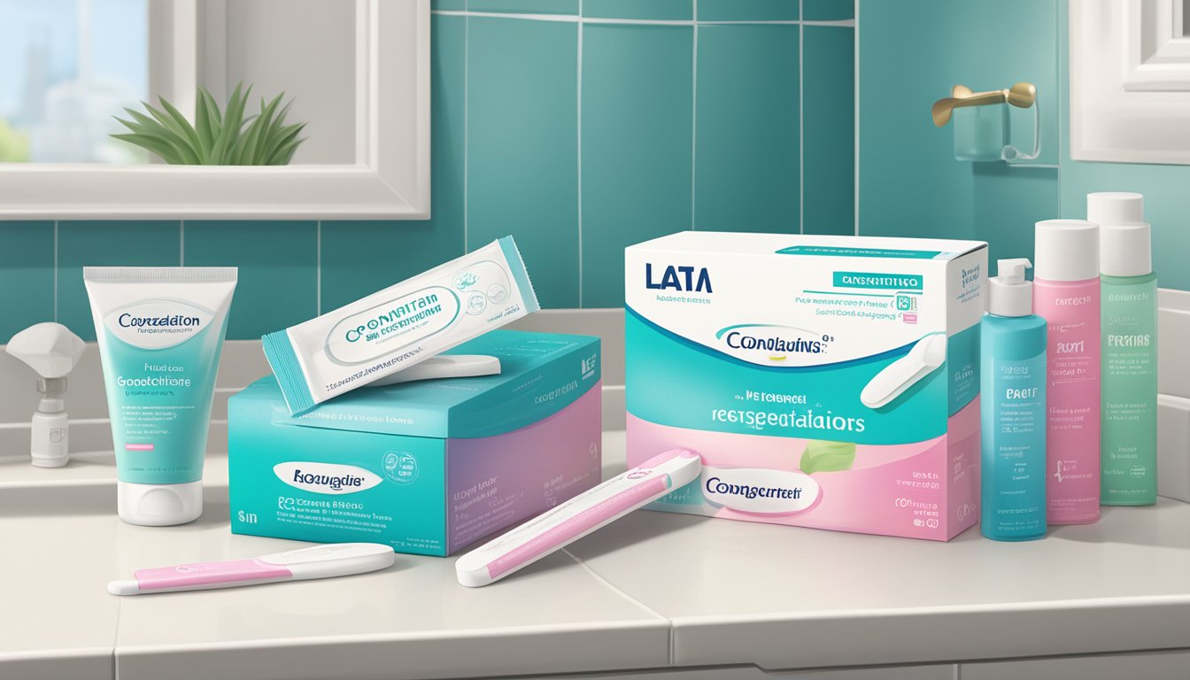 A positive pregnancy test sitting on a bathroom counter next to a box of Considerations brand products