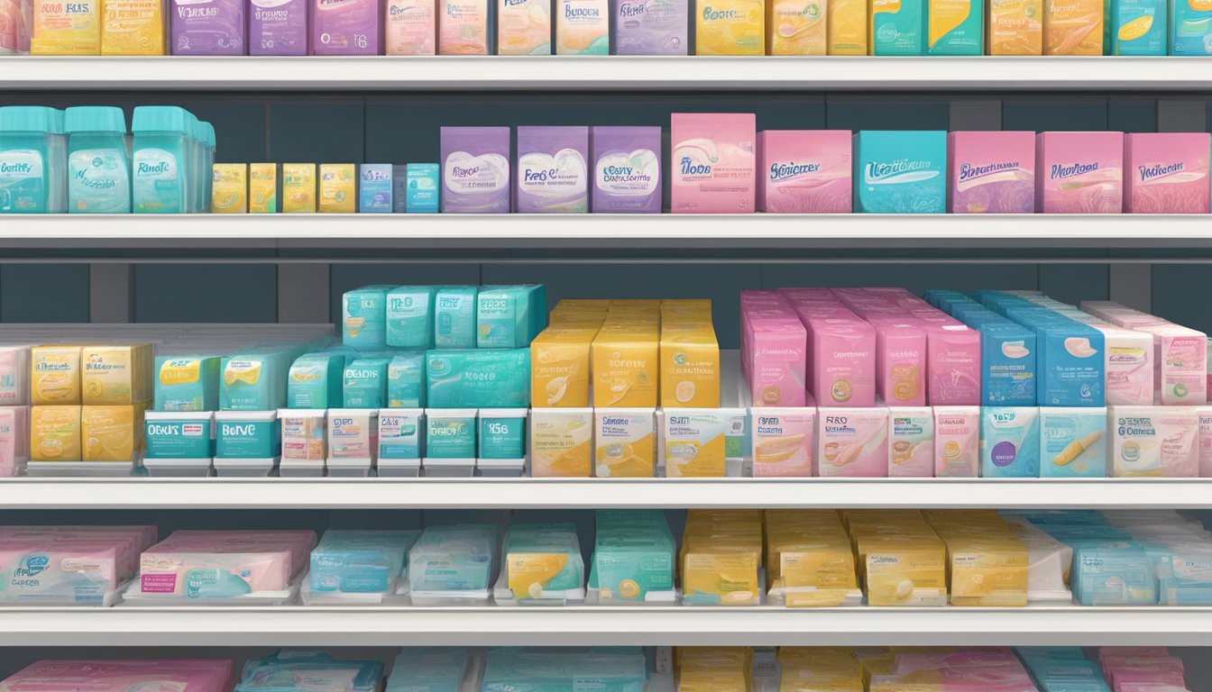 A display of various pregnancy tests on a shelf at WinCo Foods, with different brands and packaging options