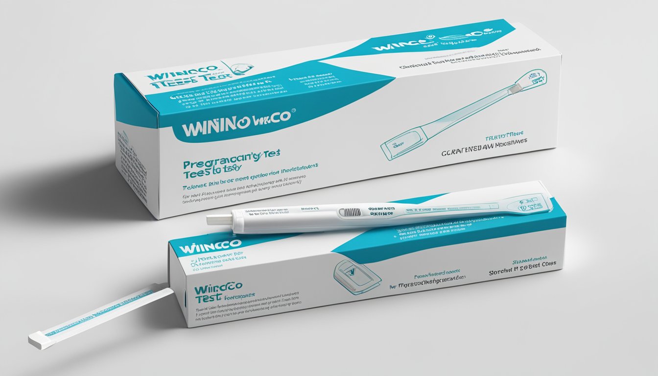 A hand holding a winco foods pregnancy test box, with a test stick and instructions laid out on a clean, white surface