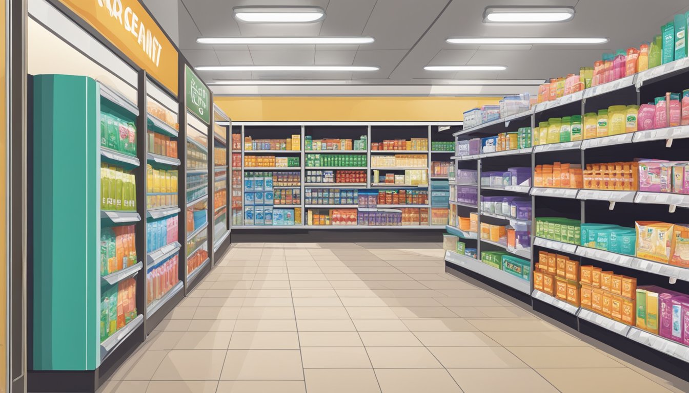 A grocery store aisle with pregnancy tests displayed among employment opportunity posters