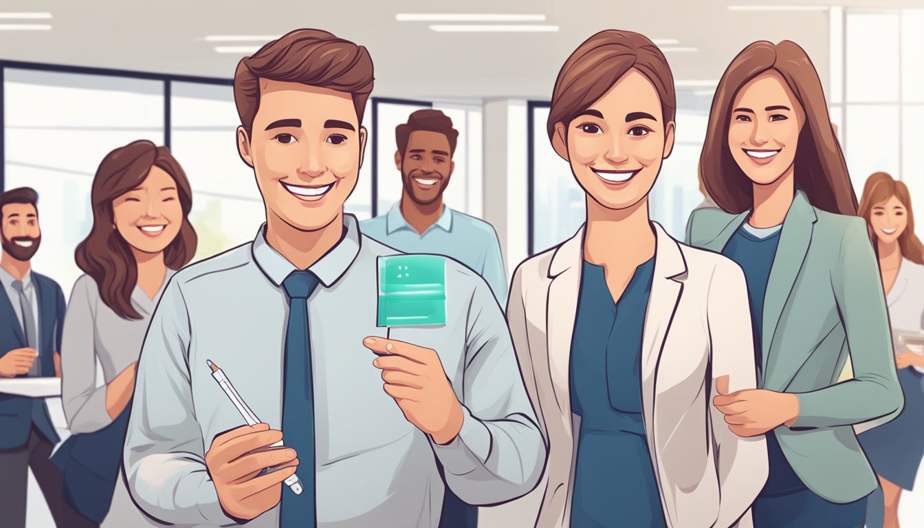 A smiling employee holds a positive pregnancy test while receiving congratulations from coworkers