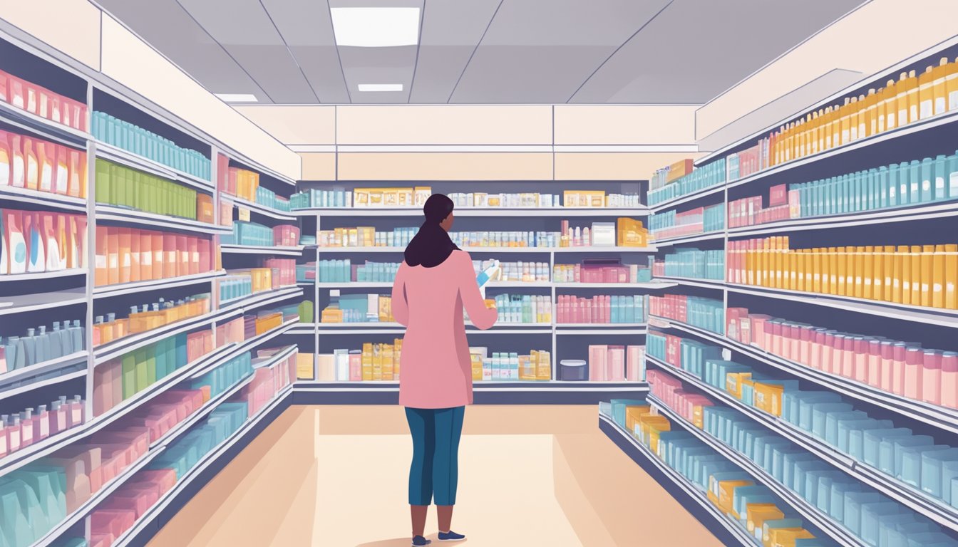 A woman holding a pregnancy test box while standing in a pharmacy aisle