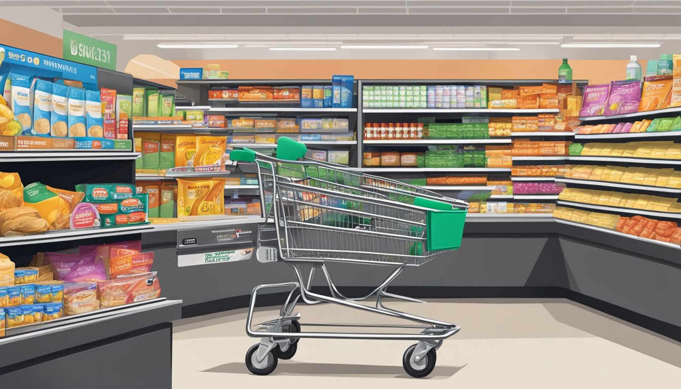 A shopping cart filled with groceries, including a box of WinCo Foods pregnancy tests, sits at the checkout counter