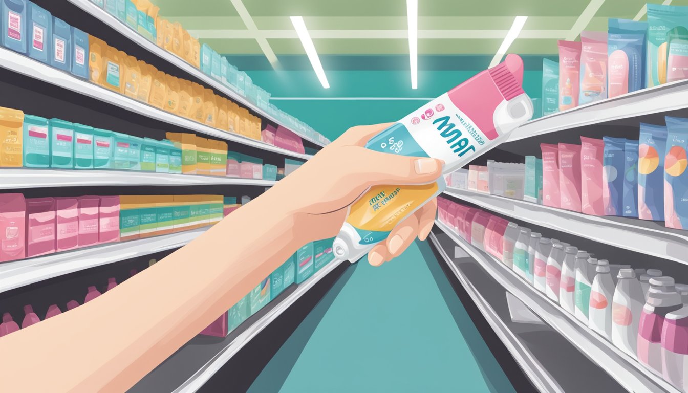 A hand reaching for a pregnancy test on a shelf in a grocery store aisle