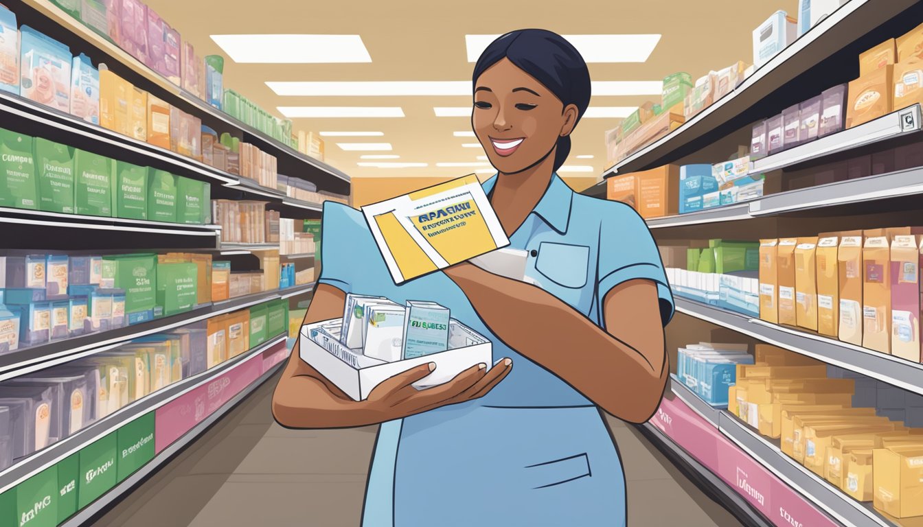 A woman's hand placing a pregnancy test box next to a stack of employee training and development materials at a Brookshire Grocery Company store