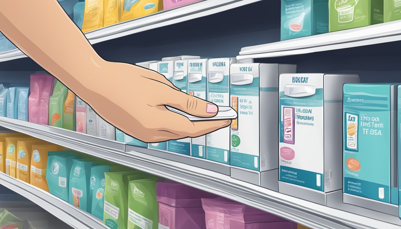 A hand reaching for a pregnancy test box on a shelf in a supermarket