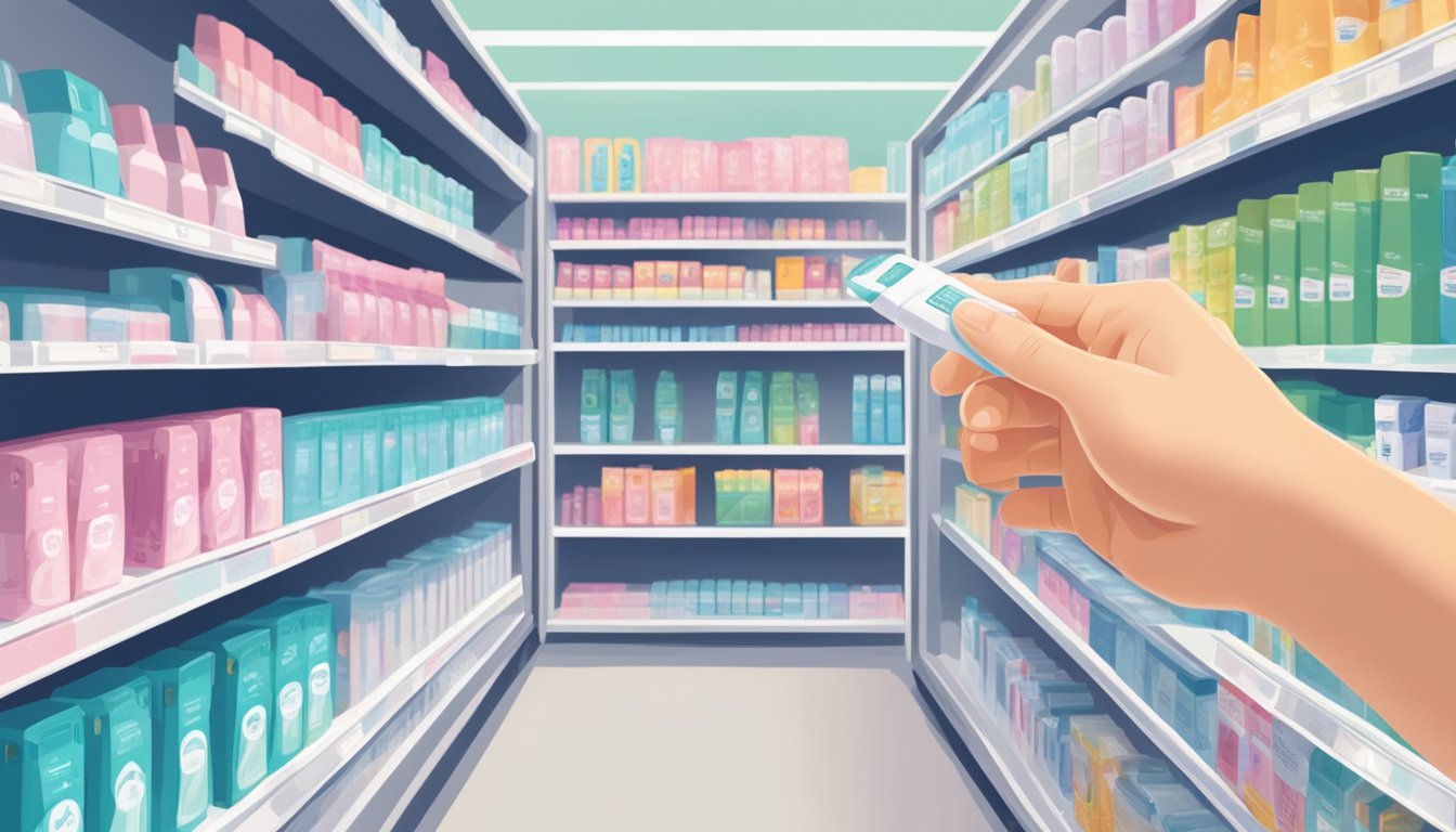 A hand reaches for a pregnancy test on a shelf in a brightly lit store aisle